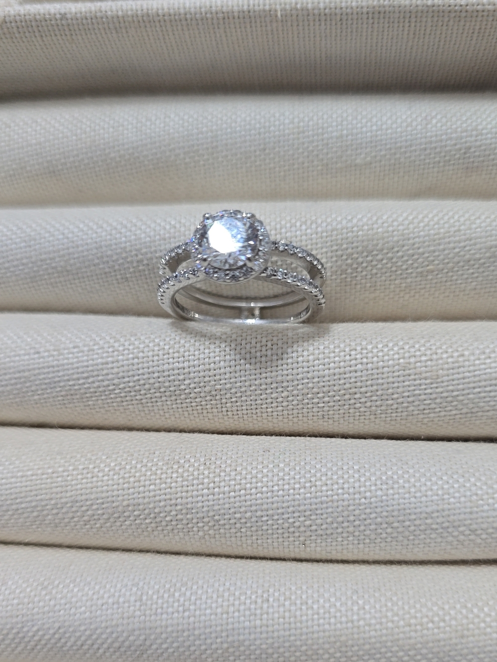 Silver Halo Bridal Ring Set with Clear Center Stone